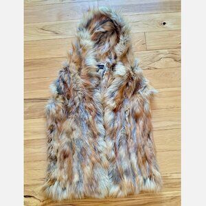 Adrienne Landau Real Fox Fur Vest Red Light Brown Tan Sleeveless Hood Hooded